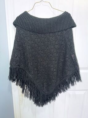Cozy Black Fringe Knit Poncho Sweater